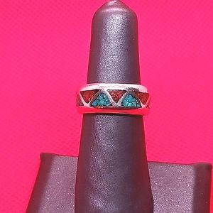 Coral and Turquoise Inlay Vintage Band Ring